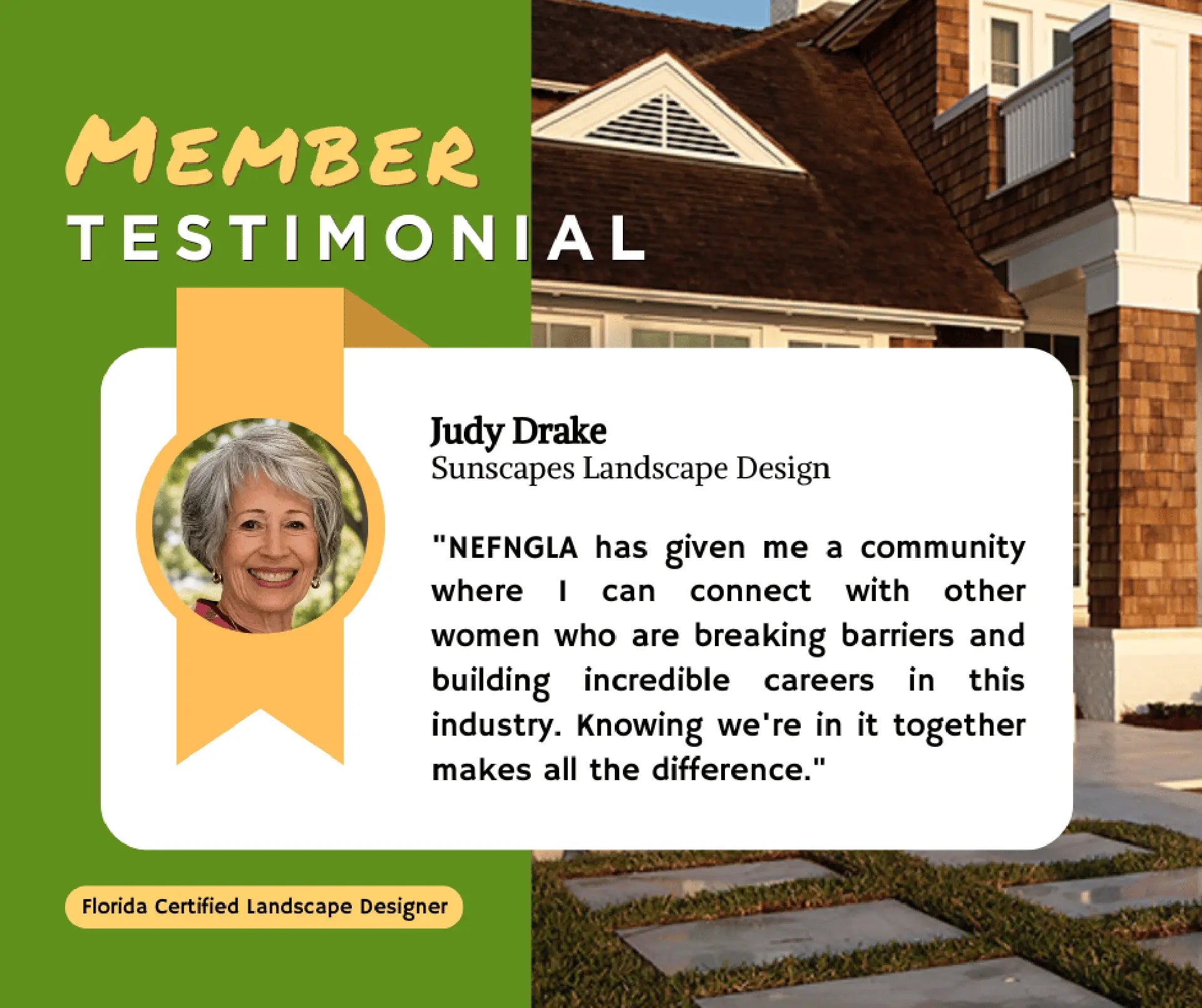 Testimonial card for Judy Drake from Sunscapes Landscape Design with a background of a house and garden.