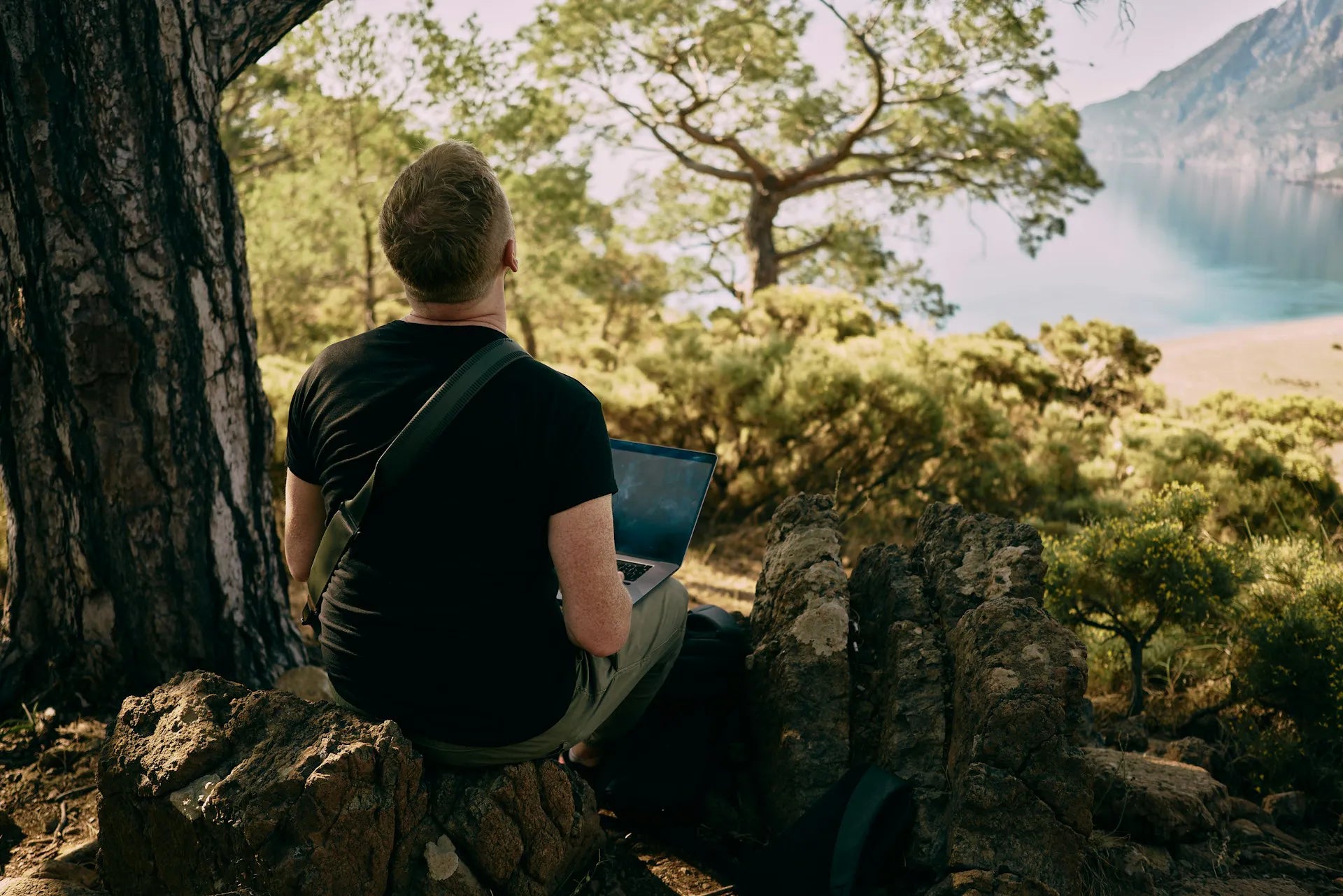 Man outside sitting on wood, working on his laptop