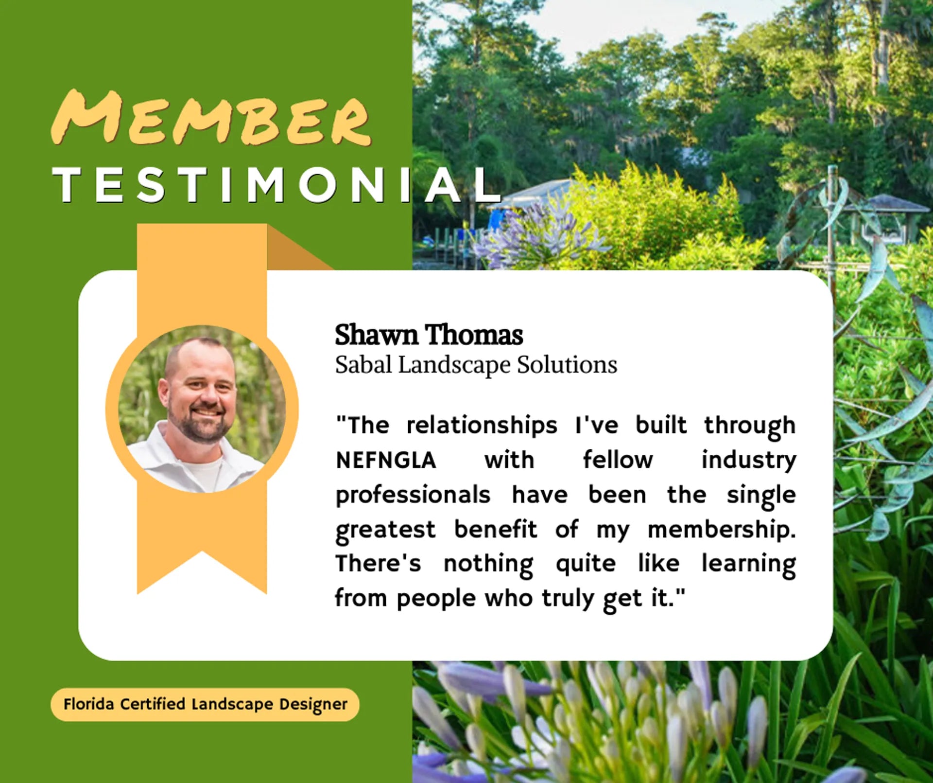 Testimonial graphic for Shawn Thomas from Sabal Landscape Solutions with a scenic background.